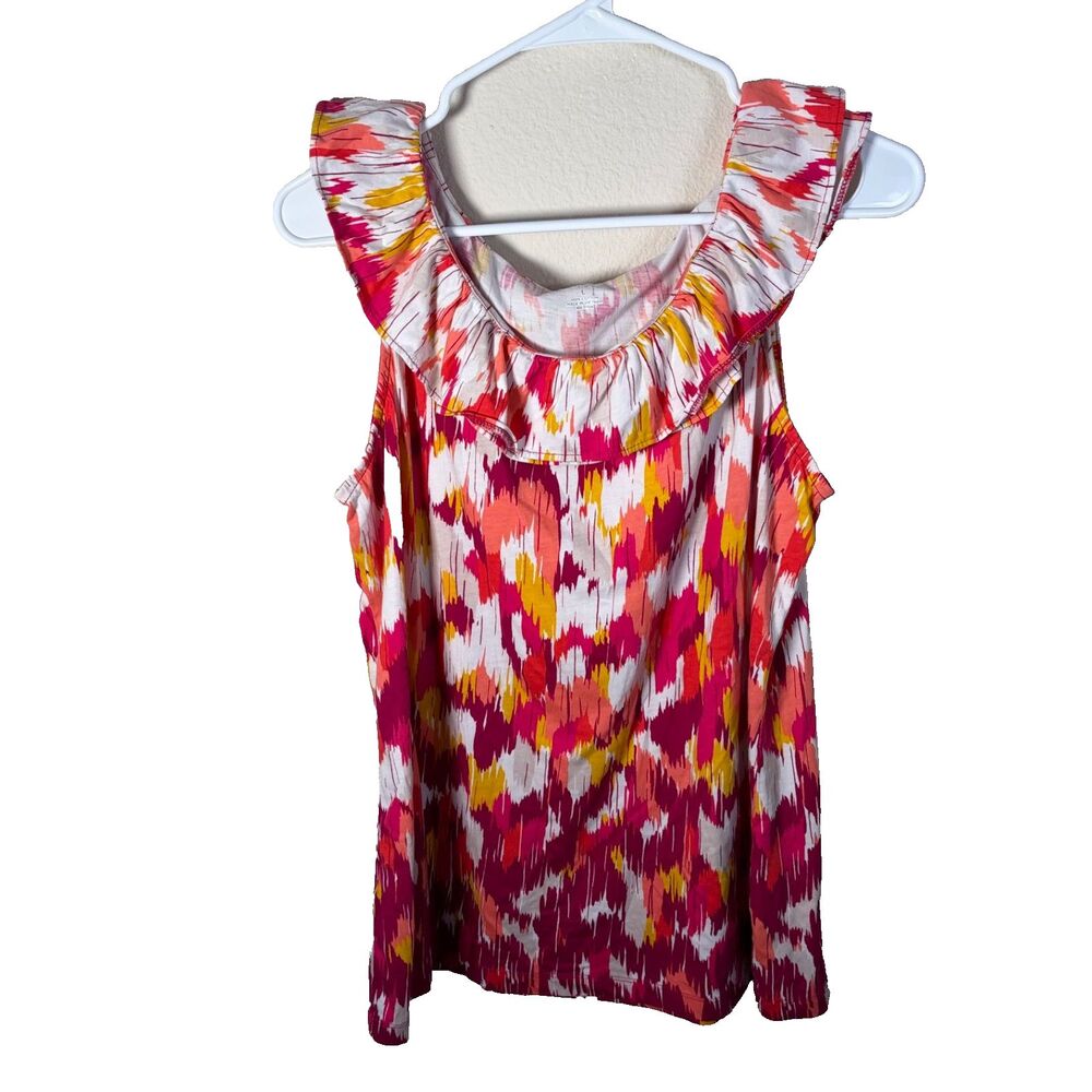 Kim Rogers Tank Top Women's Large Round Neck Ruffle Sleeveless Printed Shirt